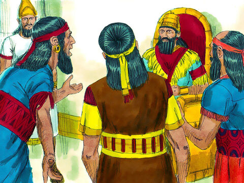 Os astrólogos da Babilônia relataram a Nabucodonosor que Sadraque, Mesaque e Abednego não haviam se curvado diante da imagem de ouro nem adoravam seus deuses.<br/> – Slide número 5