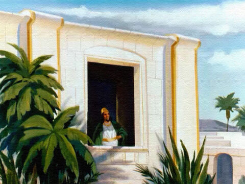 Certo dia, o rei Acabe, governante de Israel, estava visitando seu palácio de verão em Jezreel. Quando olhou seu jardim, ele admirou todas as coisas bonitas que possuía. – Slide número 1