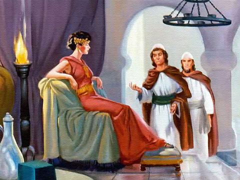 Quando os servos relataram que o rei estava triste e não queria comer, a rainha Jezabel se preparou para resolver a questão imediatamente. – Slide número 17