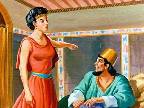 A rainha Jezabel recebeu a notícia de que Nabote estava morto e disse a Acabe:<br/>– Vá e tome posse da vinha que Nabote se recusou a vender para você porque ele não está vivo, já morreu. – Slide número 26
