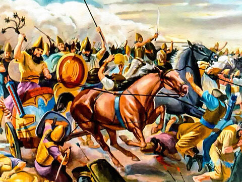 E eles eram um povo de guerra – durante o governo do rei Nabucodonosor, os seus exércitos cruéis e ferozes conquistaram as nações vizinhas. – Slide número 3