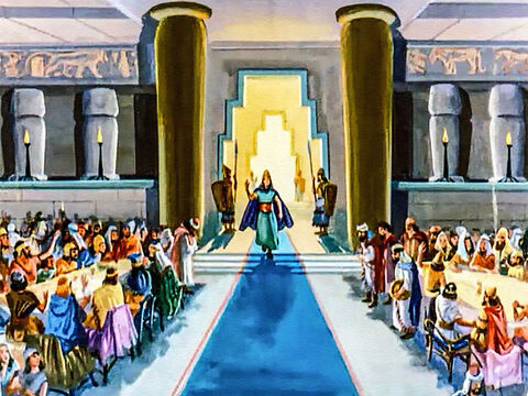 Gritos de aclamação da multidão se levantaram quando o rei entrou no salão de banquete:<br/>– Viva para sempre, ó rei! – eles clamavam, certos de que o grande Império Babilônico jamais acabaria. – Slide número 13