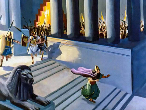 Belsazar fugiu em terror diante da primeira onda de soldados, que já estavam dentro do palácio procurando por ele. Eles sabiam que, uma vez que o rei estivesse morto, a cidade logo se renderia. – Slide número 35