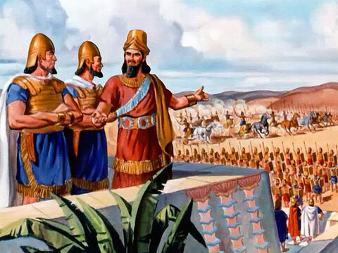 Com seu poderoso e bem equipado exército preparado para lutar, ele tinha certeza de que, desta vez, eles poderiam acabar com o exército de Israel. – Slide número 5