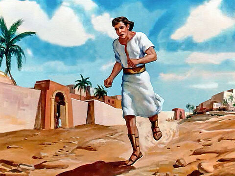 O jovem servo correu pela estrada longa e poeirenta de Dotã até Samaria com a mensagem para o rei de Israel. – Slide número 10