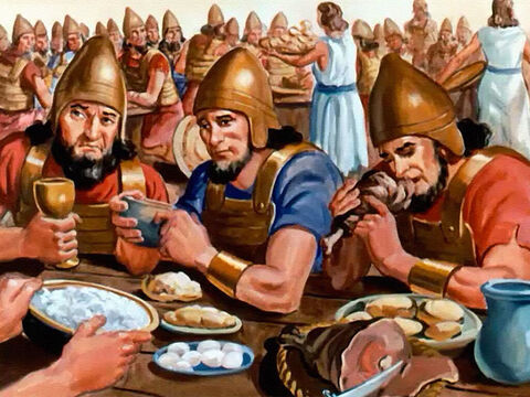 Em vez disso, disse ao rei Jorão que alimentasse os soldados, e um grande banquete lhes foi servido. Quando já estavam recuperados... – Slide número 33