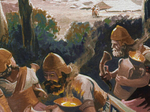 Enquanto os midianitas estavam trocando a guarda, Gideão e seus homens aplicavam a primeira parte de seu plano. – Slide número 22