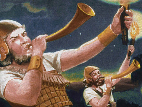 De repente, em meio a toda essa confusão, os homens de Gideão tocaram suas trombetas bem alto e longamente de novo. – Slide número 34