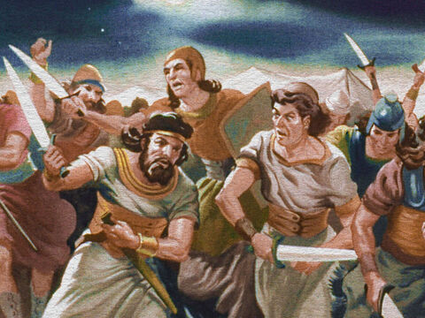 Cada homem se virou cegamente contra seu vizinho e começaram a lutar uns contra os outros, pois o Senhor fizera acontecer assim. – Slide número 36