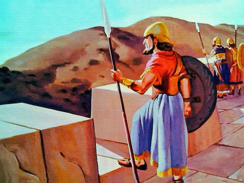 Perto da cidade de Jericó, Josué olhou as muralhas tão altas, largas e fortes. Ele sabia que nenhum poder humano poderia derrubá-las. Mas Josué lembrou... – Slide número 7