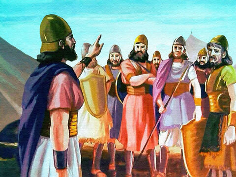 Quando Josué retornou ao acampamento, ele reuniu seus homens. Esses homens de Israel haviam jurado obedecer a Josué do mesmo modo que obedeciam a Moisés... – Slide número 13