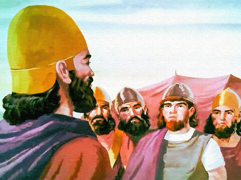 – O Senhor disse que as muralhas de Jericó cairão! E cada homem deve entrar direto na cidade!<br/>Assim, os homens de Israel se prepararam para obedecer. – Slide número 16