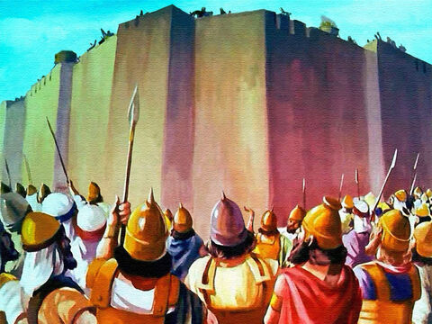 Ao final da sétima vez, cada homem parou de frente para as muralhas, cercando completamente a cidade de Jericó. – Slide número 35