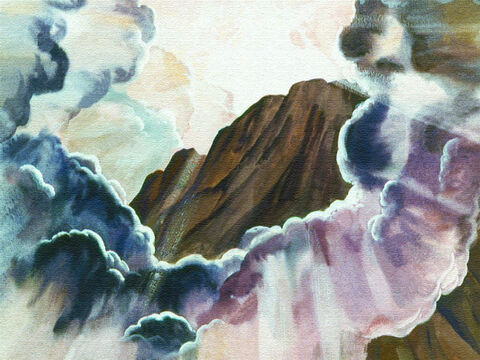 Então, chegou o terceiro dia. Cedo de manhã, uma nuvem escura e densa apareceu sobre a montanha. – Slide número 15