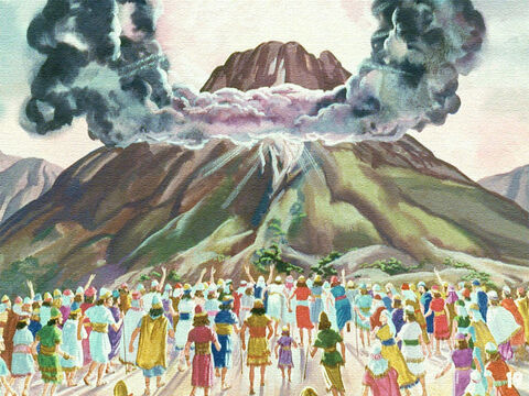 Eles seguiram cuidadosamente à medida que Moisés os conduzia para fora do acampamento e pararam ao pé do monte Sinai. – Slide número 17