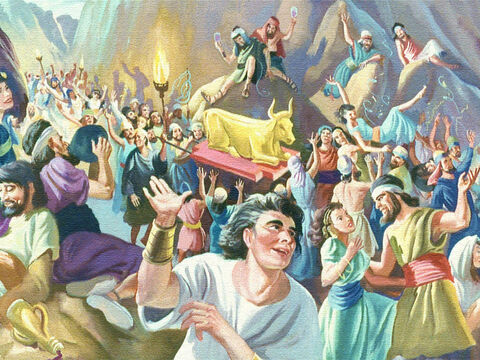 Enquanto Moisés estava em cima do monte, o povo lá embaixo logo começou a esquecer o que haviam prometido. Poucos dias depois de eles ouvirem a poderosa voz de Deus e terem visto Sua glória e poder, eles voltaram aos seus caminhos maus e enganosos. – Slide número 40