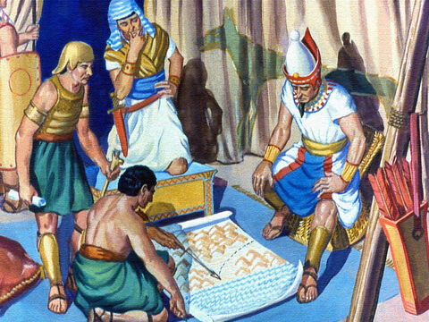 Quando os espiões disseram a Faraó que os israelitas estavam mudando a direção da viagem, o rei pegou seus mapas e começou a estudar a situação. – Slide número 22