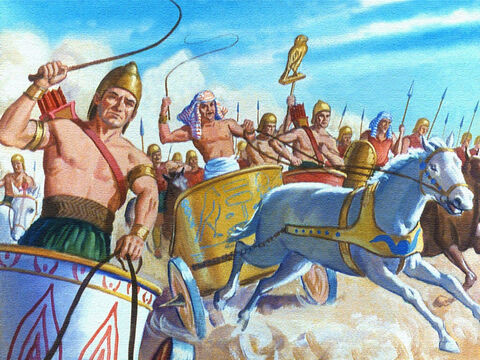 Foi isso que ele decidiu fazer, e os exércitos do Egito se moveram cruzando o deserto e viajando tão rápido quanto possível. – Slide número 25