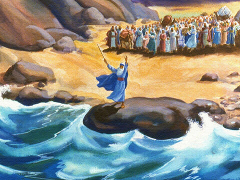 Enquanto o povo observava, Moisés, o líder deles, andou em direção à margem do mar Vermelho. Depois ele fez algo que Deus lhe disse para fazer. Moisés levantou sua vara e um vento forte começou a soprar. – Slide número 34