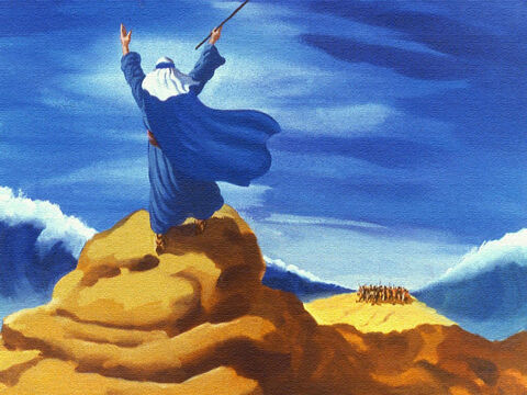 Mas já era tarde demais. Deus disse a Moisés para levantar sua vara novamente sobre o mar. – Slide número 42