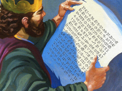 O rei abriu a carta de apresentação e começou a ler: “Enviei-lhe Naamã, meu servo, para que você o cure de sua lepra”. – Slide número 22