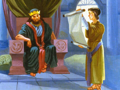 Eliseu ouvira sobre a visita de Naamã ao rei. A mensagem era um pedido de que Naamã fosse enviado a Eliseu, para que os sírios soubesse que há um Deus vivo e verdadeiro. – Slide número 32