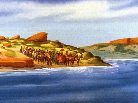 Assim Naamã e seus homens viajaram para o rio Jordão. – Slide número 45
