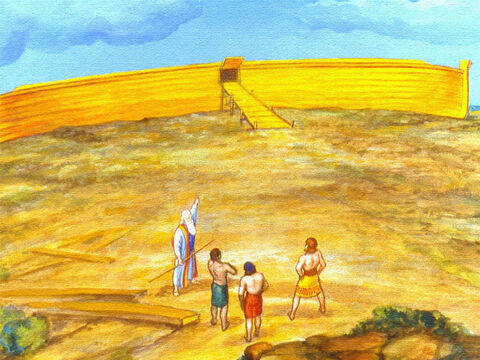 Contudo, o dia em que a arca ficou pronta finalmente chegou. Então, Noé foi fazer as outras coisas que Deus lhe dissera. – Slide número 21