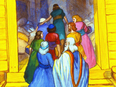 Quando tudo isso estava feito, Noé, seus filhos e suas esposas todos entraram na arca. – Slide número 24
