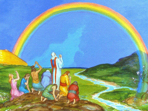 Deus enviou um arco-íris nas nuvens como promessa de que jamais destruiria a Terra com um dilúvio novamente. A Bíblia diz que a desobediência ainda traz o juízo de Deus, mas, por meio de Jesus, Deus criou um modo de sermos perdoados e resgatados. – Slide número 47
