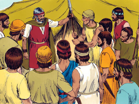 Moisés disse a um jovem e forte líder chamado Josué para escolher alguns guerreiros fortes para sair e lutar contra os amalequitas no dia seguinte. – Slide número 2