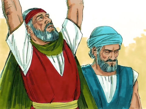 Moisés, junto com Arão e um líder chamado Hur, subiu ao topo de uma colina para invocar o poder de Deus na batalha. – Slide número 4