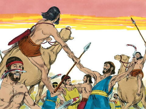 Enquanto as mãos de Moisés estavam erguidas, Josué e seus homens começaram a vencer a batalha. – Slide número 6