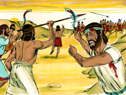 Josué e seus homens lutaram vitoriosamente durante todo o dia, enquanto as mãos de Moisés eram mantidas erguidas. – Slide número 10
