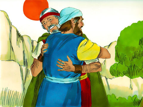 Os dois irmãos se encontraram no Monte Horebe, a montanha de Deus, e se deram as boas-vindas. – Slide número 23