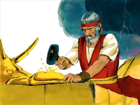 Moisés pegou o bezerro que o povo havia feito e queimou no fogo. Em seguida, ele o reduziu a pó, espalhou-o na água e fez os israelitas beberem. – Slide número 15