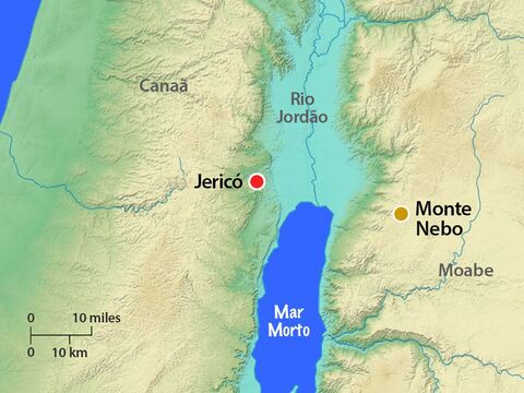 Moisés escalou das planícies de Moabe até o pico Pisga no Monte Nebo, em frente de Jericó. Deus indicou a Moisés lugares na Terra Prometida, incluindo o Vale do Jordão e Jericó. – Slide número 14