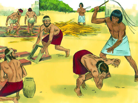 Os escravos ficavam exaustos procurando palha e fazendo tijolos. Quando não conseguiam cumprir sua cota, os condutores de escravos os espancavam. – Slide número 5