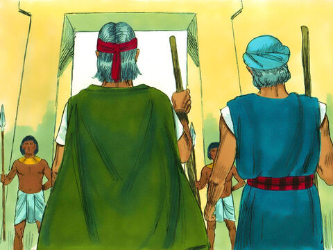 Êxodo 7: 1-6 Deus disse a Moisés que Arão seria o porta-voz. Ele avisou que faraó não iria ouvi-los, mas Deus traria pragas sobre os egípcios até que deixassem Seu povo ir. Moisés (agora com 80 anos) e Arão (83) partiram para o palácio. – Slide número 11