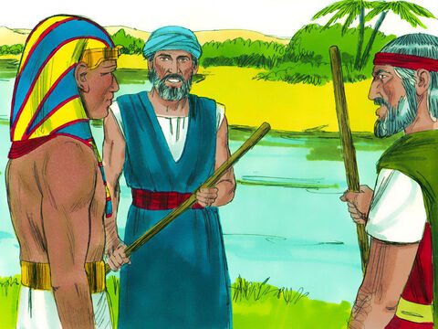 Êxodo 7: 8-12 Deus disse a Moisés e Arão para descerem ao rio Nilo, onde faraó iria pela manhã. Eles tinham uma mensagem de Deus para dar ao faraó, “Deixe meu povo ir, para que eles possam me adorar no deserto”. O faraó recusou. – Slide número 1