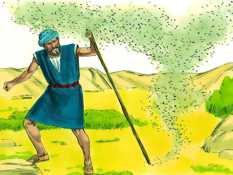 Então Deus disse a Moisés para dizer a Arão para golpear o pó com seu cajado e o pó se transformaria em mosquitos. Os mágicos do faraó tentaram, mas não puderam fazer isso. “Este é o dedo de Deus”, disseram ao faraó. – Slide número 9