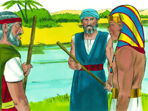 No início da manhã, quando faraó desceu até o rio, Moisés e Arão lhe contaram o que Deus planejou a seguir. Enxames de moscas zumbiam em torno dos egípcios, mas não dos escravos hebreus que viviam em Gósen. – Slide número 12