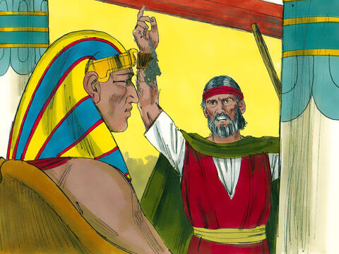 Moisés tirou fuligem de uma fornalha e jogou-a no ar na frente do Faraó. “Deus diz que essa fuligem se tornará uma poeira fina e pessoas e animais terão feridas purulentas”. – Slide número 20