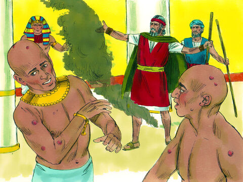 Os mágicos de faraó não puderam fazer face a Moisés por causa das feridas que eclodiram sobre eles e os egípcios. Mas o faraó ainda se recusou a deixar o povo de Deus ir. – Slide número 21