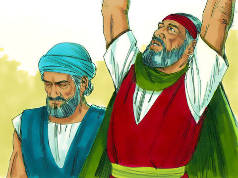 Moisés saiu da cidade e estendeu as mãos para Deus. Os trovões e o granizo pararam. – Slide número 27