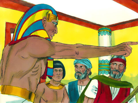 Mas quando o faraó descobriu que todos os escravos hebreus iriam embora, ele apenas deu permissão para os homens irem adorar a Deus. Então ele ordenou que Moisés e Arão saíssem de sua presença. – Slide número 2