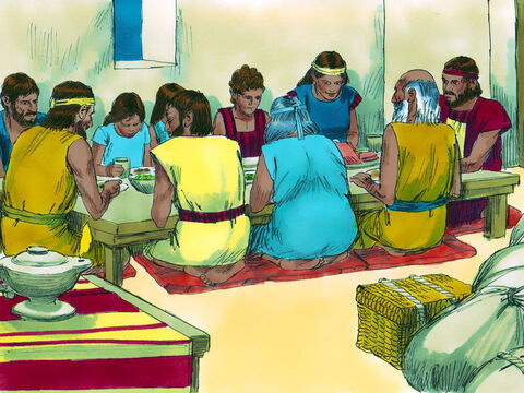 Naquela noite, o povo de Deus se vestiu para deixar o Egito e sentou-se para uma refeição que mais tarde chamariam de Páscoa (pois Deus passaria por cima deles). – Slide número 16