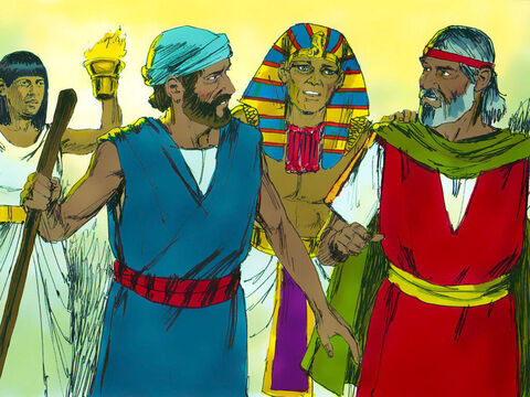 Naquela noite, o faraó convocou Moisés e Arão e disse: “Levantem-se. Deixem meu povo e vão adorar o Senhor Deus. Levem suas famílias e animais com vocês. Por favor, abençoem-me”. – Slide número 20