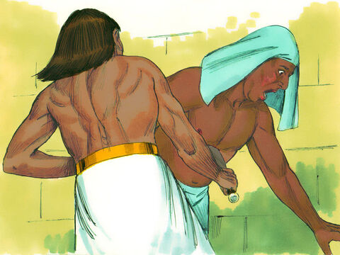 ... então, Moisés atacou o egípcio, matando-o. Ele enterrou o corpo do homem morto na areia. – Slide número 4