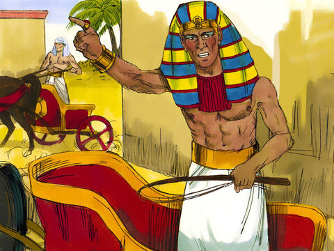 O faraó entrou em seu carro e reuniu todas as suas tropas e 600 carros para perseguir os hebreus em fuga. – Slide número 8